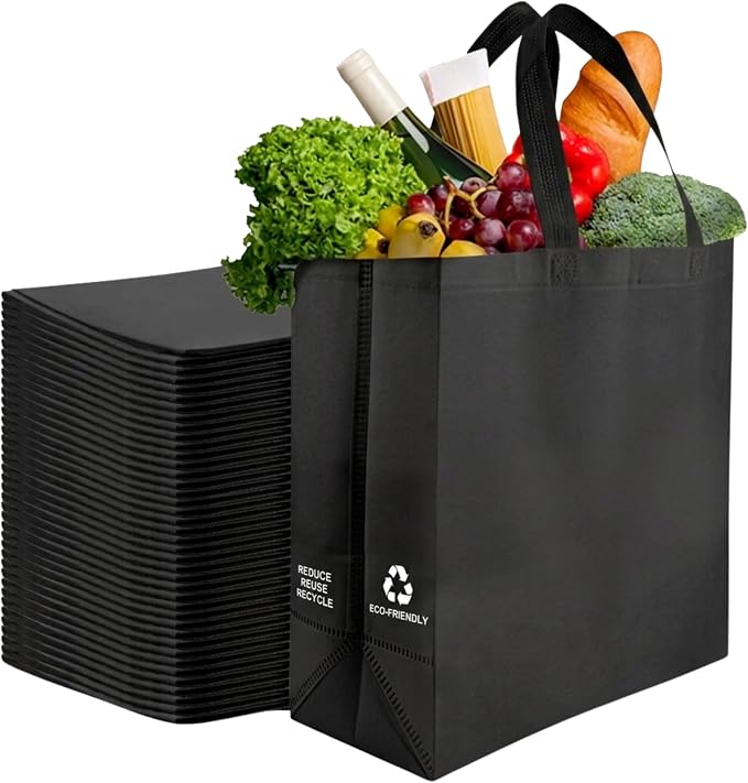 Simply Cool 400 Pack Reusable Grocery Bags, Medium Tote Bags Bulk, Black | 12.6"x6.3"x11.8" Heavy Duty Non-woven Custom Shopping Bags with Handles, Foldable, Washable for Retail and Commercial use