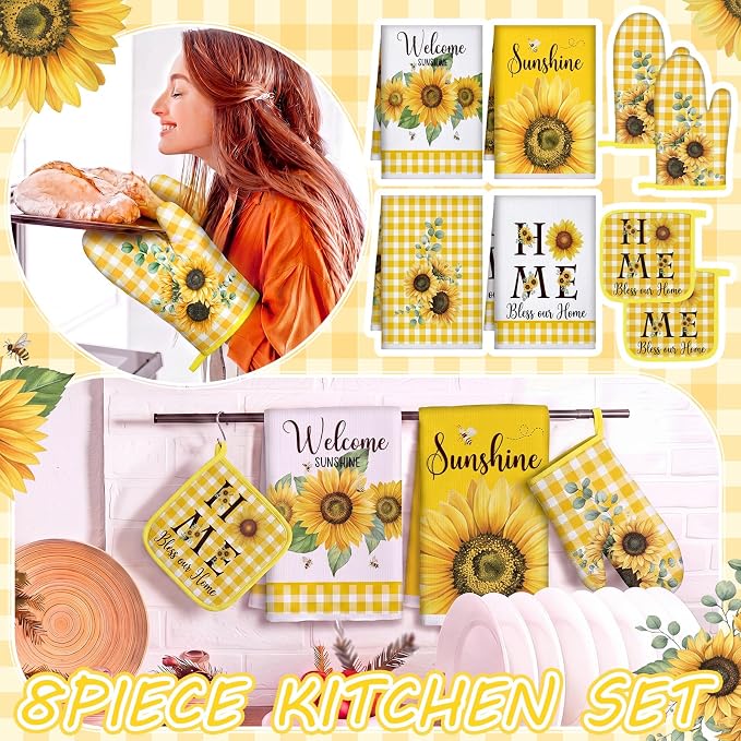 Leinuosen 8 Pcs Sunflower Yellow and White Checkered Kitchen Towels and Dishcloths Sets Pot Holders and Oven Mitts Sets Absorbent Kitchen Gloves Potholders Heat Resistant for Chef Baking Cooking