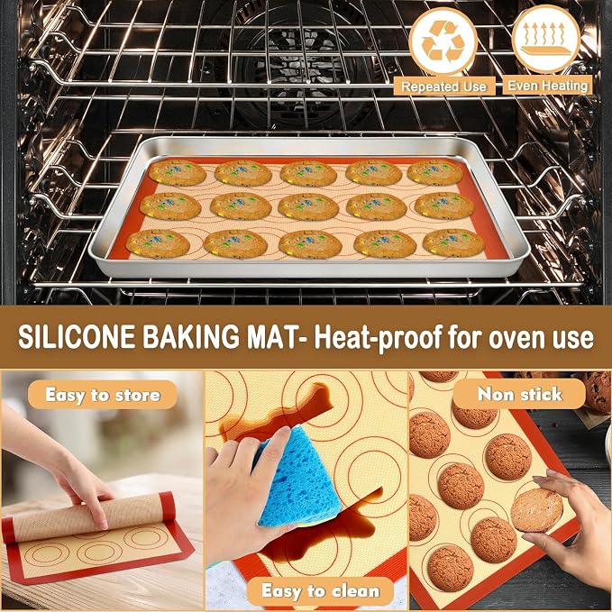 P&P CHEF 12.5 Inch Baking Sheet Pan Cooling Rack with Mat Set for Cookie | Stainless Steel Cookie Pan with Cooling Rack and Silicone Mat for Baking & Roasting, Oven & Dishwasher Safe, Easy Clean