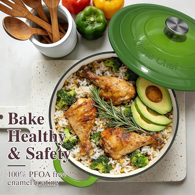 Umite Chef 7QT Enameled Cast Iron Dutch Oven with Lid & Cotton Potholders–Heavy-Duty Cookware for Bread Baking, Braising, Stews, Marinate, Cook,Refrigerate & Serve(Green)