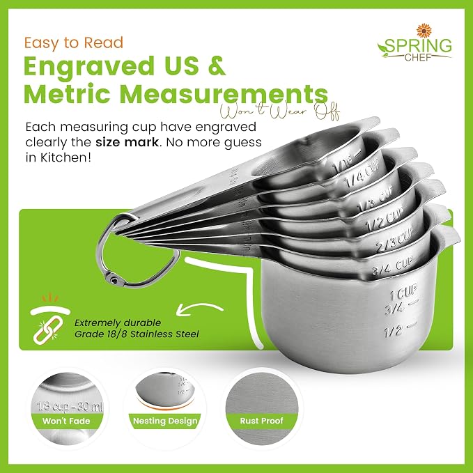 Spring Chef Stainless Steel Measuring Cups Set of 7 with Pour Spout | Metal Measuring Cups for Measuring Dry or Liquid Ingredients, Easy to Read Markings, Dishwasher Safe Nesting Cups for Kitchen