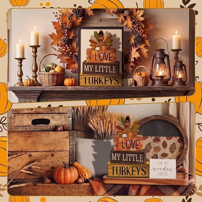 Lineshading 4 Pcs Thanksgiving Block Signs, I Love My Little Turkeys Wood | Farmhouse Tabletop Decor with Turkey Topper, Rustic Tiered Tray Decorations, Stacked Signs for Fall Autumn Mantel Table