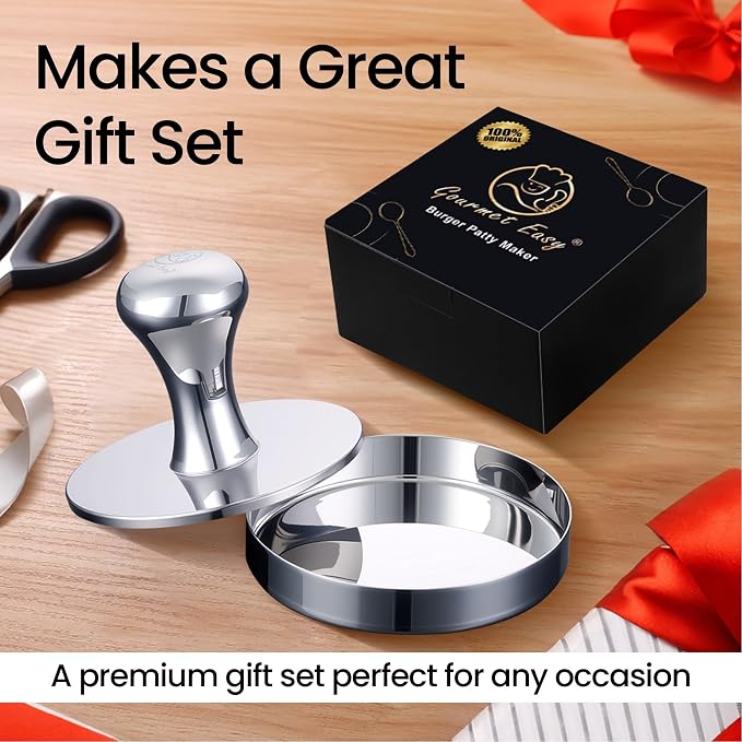 Gourmet Easy Hamburger Press Patty Maker & Smash Burger Press, 2-in-1 Combo | Heavy Duty Burger Mold with Patty Liner, Easy-Clean Design, Premium Mirror Polished, Dishwasher Safe, 5-Year Warranty