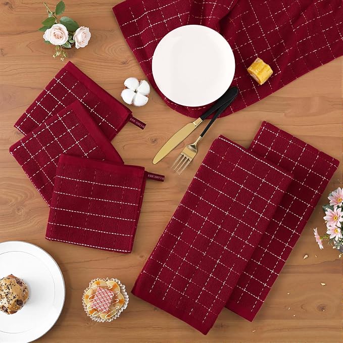 Homaxy Kitchen Towels and Dishcloths Set, Set of 8, Brick Red | Bulk Cotton Terry Kitchen Towels, Checkered Designed, Soft and Super Absorbent Dish Towels, 12 x 12 and 13 x 28 Inches