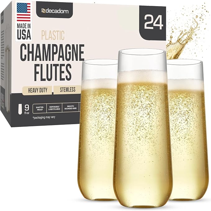 DECADORN Clear Stemless Champagne Flutes Plastic 24 Pack, Made in USA, 9oz Plastic Champagne Glasses - Durable and Sturdy Mimosa Glasses For Parties - Shatterproof, Recyclable, BPA-Free, Smooth Rims