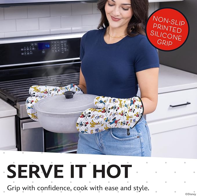 Disney Mickey Silicone Oven Mitts, Set of 2 7"x13.5", Heat Resistant 450F | Cotton exterior with grip stripes front and back, extended cuffs shield forearms, ambidextrous, hand wash only