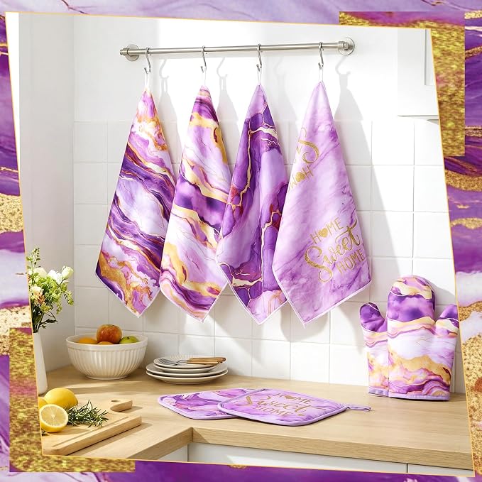 Leinuosen 8 Pcs Purple and Gold Marble Kitchen Towels and Dishcloths Sets Oven Mitts and Pot Holders Absorbent Kitchen Gloves Potholders Heat Resistant for Chef Baking Cooking