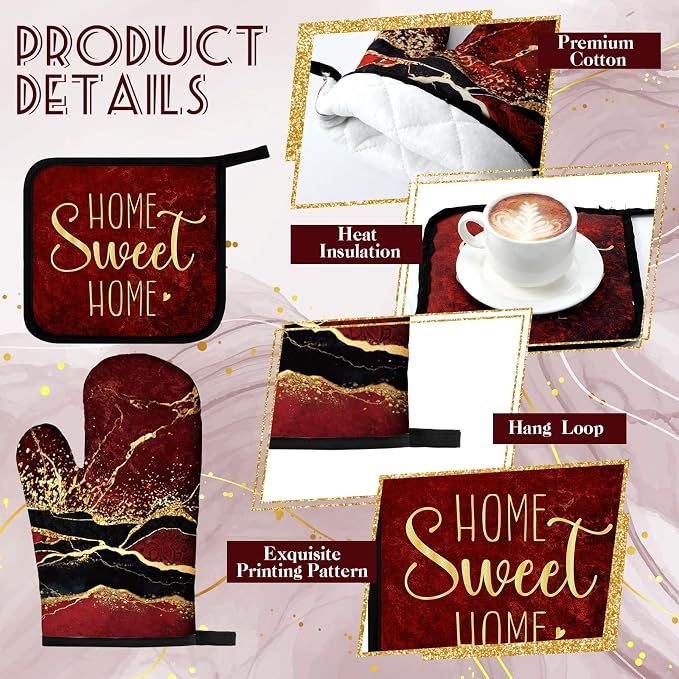 Leinuosen Burgundy and Gold Marble 8 Pcs Kitchen Towels and Dishcloths Sets Oven Mitts and Pot Holders Absorbent Kitchen Gloves Potholders Heat Resistant for Chef Baking Cooking
