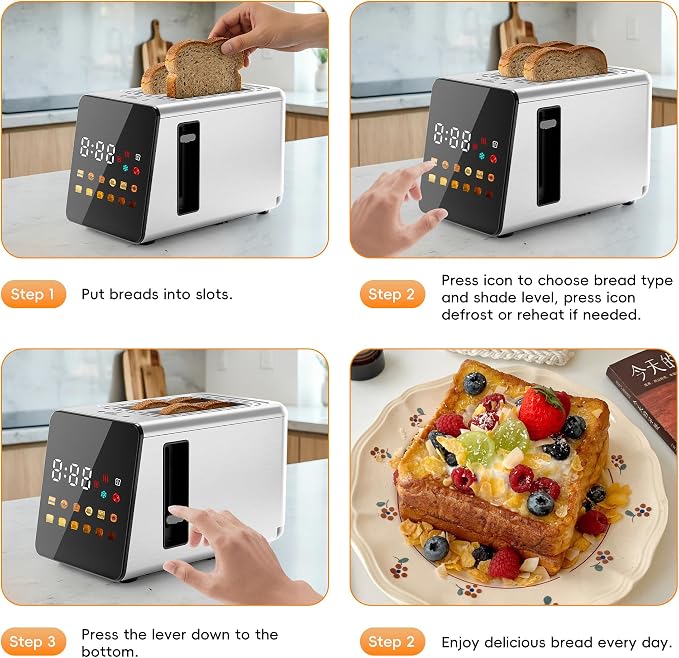 WUNLY Smart Touchscreen 2 Slice Toaster, Wide Slot, Memory & Single-Slot | Digital Timer, Extra Wide Slot for Bagels, 6 Shade Levels & 6 Bread Settings, Reheat, Defrost, Favorite, Platinum