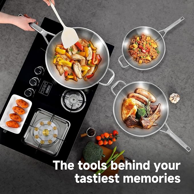 Inqibee 14 Inch Stainless Steel Wok Pan with Lid, Detachable Handle | Uncoated Tri-Ply Stainless Steel Stir Fry Pan, Everyday Cooking Wok for Induction, Flat Bottom, Dishwasher & Oven Safe