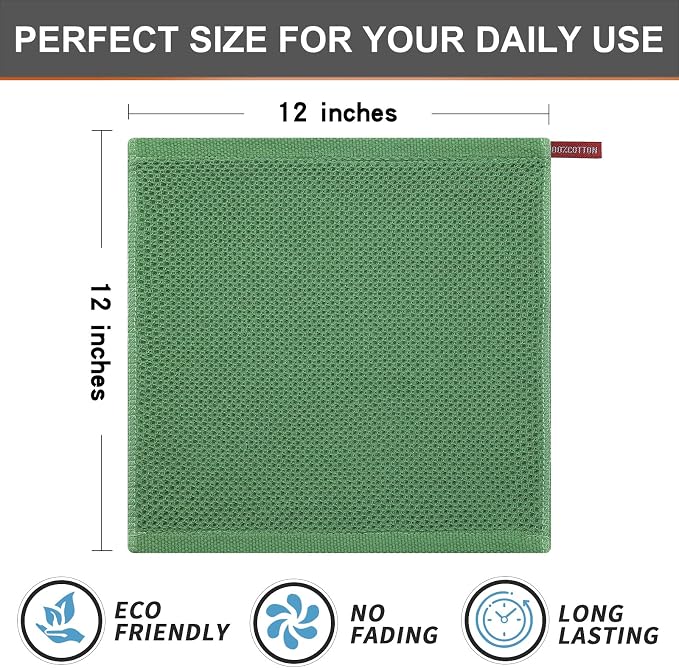 Kitinjoy 100% Cotton Waffle 6-Pack Kitchen Towels, 12" x 12", Grass Green | Ultra Absorbent, Super Soft, lightweight, Quick Drying Dish Rags for Washing Dishes