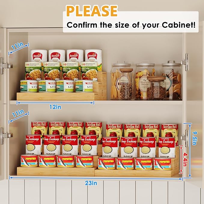 2-Pack Expandable Bamboo Can Organizer for Pantry Display, Holds 48 Cans | 3-Tier Adjustable Can Storage Holder, Soda & Canned Food Organizer Rack for Cabinets & Countertops (Patent Pending)