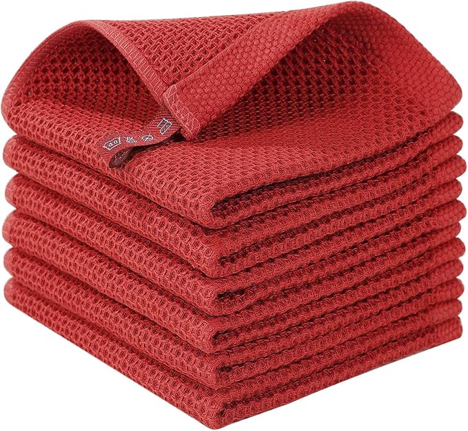 Homaxy 100% Cotton Waffle Weave Kitchen Dish Cloths 6-Pack, Brick Red | 12 x 12 Inches, Ultra Soft Absorbent Dish Towels, Quick Drying Dish Rags with Hanging Loop