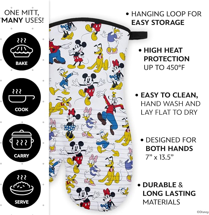 Disney Mickey Silicone Oven Mitts, Set of 2 7"x13.5", Heat Resistant 450F | Cotton exterior with grip stripes front and back, extended cuffs shield forearms, ambidextrous, hand wash only