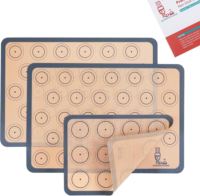 Silicone Baking Mat Macaron Set of 3-2 Half Sheet Liners 1 Quarter Sheet | Non Stick Silicon Cookie Oven Liner For Macaroons, Bake Pans, Pizza, Toaster, Cake and Bread Making (16.5x11.6, Grey)