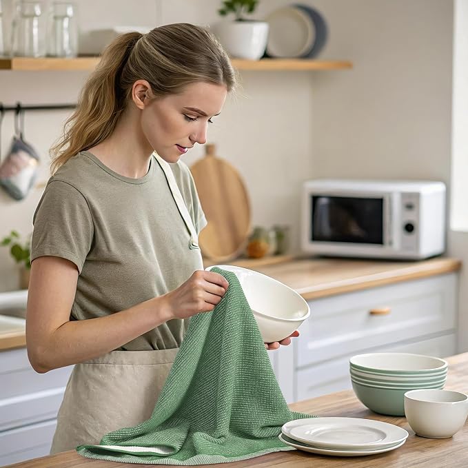 Mordimy Premium Cotton Kitchen Towels (18"x 28", 3 Pack), Grass Green | 100% Ring Spun Cotton, Super Absorbent, 380 GSM, Flat & Terry, Soft, Hanging Loop Dish Towels