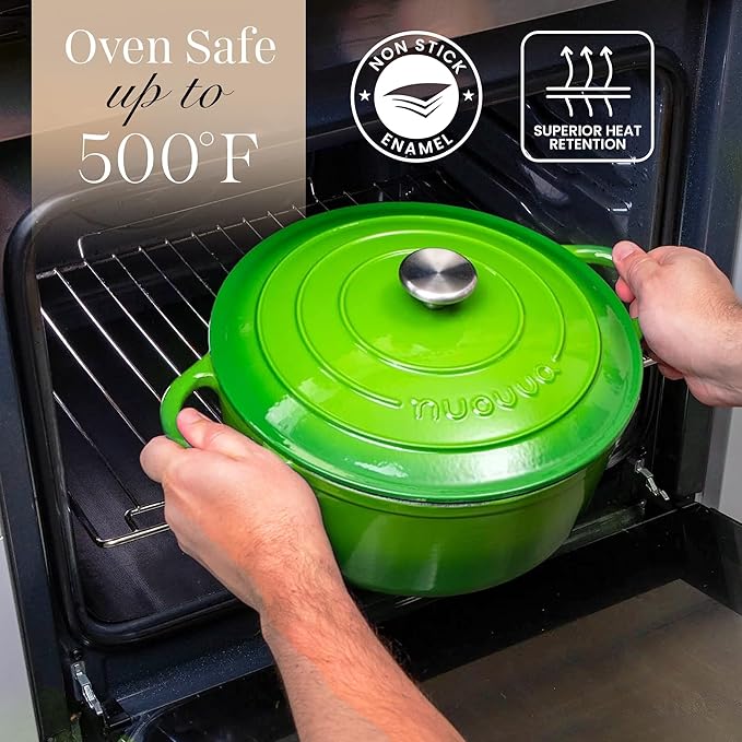 Cast Iron Dutch Oven with Lid-Non-Stick Ovenproof Enamelled Casserole Pot - Sturdy Dutch Oven Cookware - Green, 7.3- Quart, 30cm- by Nuovva