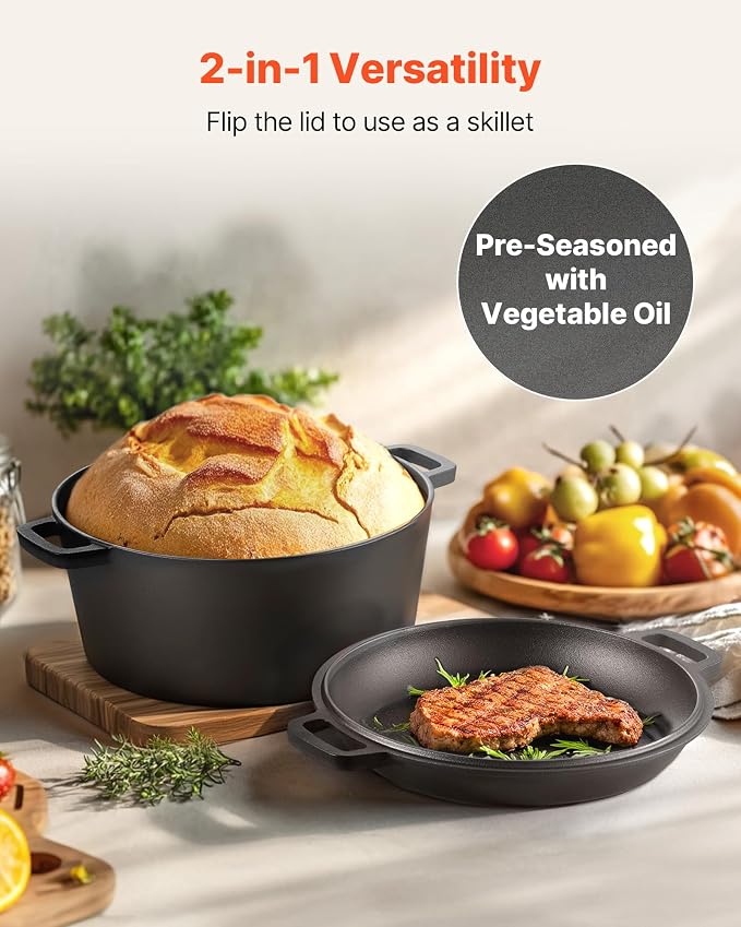 VEVOR Cast Iron Dutch Oven, 2-in-1 Pre-Seasoned Pot with Skillet Lid, 5QT Cookware Pan with Proofing Basket, Bread Baking Accessories, Bread-Oven Compatible 500℉