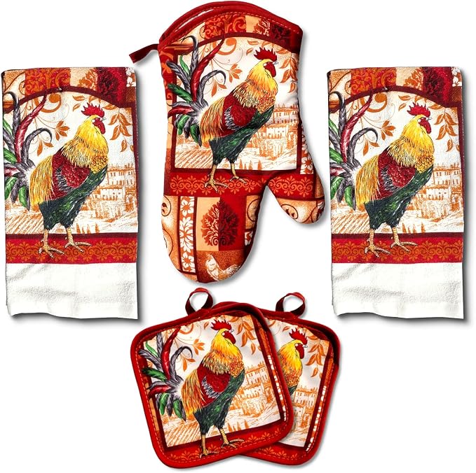 Rustic Rooster Kitchen Set – 5 Piece Set | Kitchen Towel Set with 2 Decorative Dish Towels (25 X15), 1 Oven Mitt (11 X 7) and 2 Potholders (6.5 X 6.5)