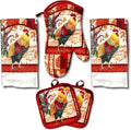 Rustic Rooster Kitchen Set – 5 Piece Set | Kitchen Towel Set with 2 Decorative Dish Towels (25 X15), 1 Oven Mitt (11 X 7) and 2 Potholders (6.5 X 6.5)