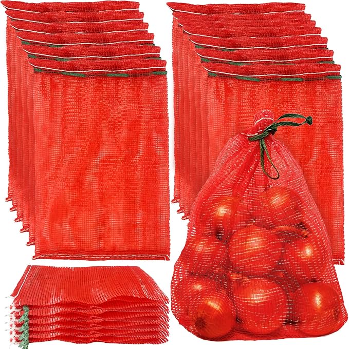25 Pack 33 LB Mesh Onion Bags,14'' x 20'' Onion Produce Storage Bag,Reusable Breathable Vegetable Storage Net Bags with Drawstring for Onions Vegetables Potatoes Citrus Crawfish