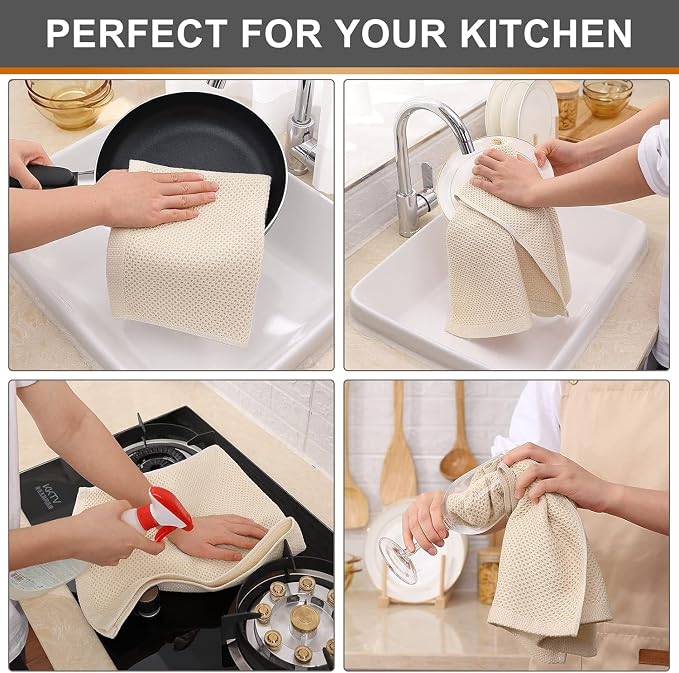 Kitinjoy 100% Cotton Waffle 12-Pack Kitchen Towels, 13" x 28", Beige | Super Soft, Ultra-Absorbent, Fast Drying, lightweight, Quick Drying Kitchen Hand Towels