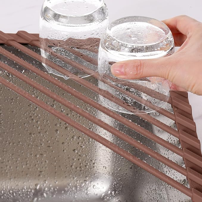 Tomorotec Triangle Roll Up Dish Drying Rack with Silicone Coating, Brown | 304 Stainless Steel with BPA-Free Silicone, Triangle Design Maximizes Sink Corner Space, Fits Compact Kitchens And RVs