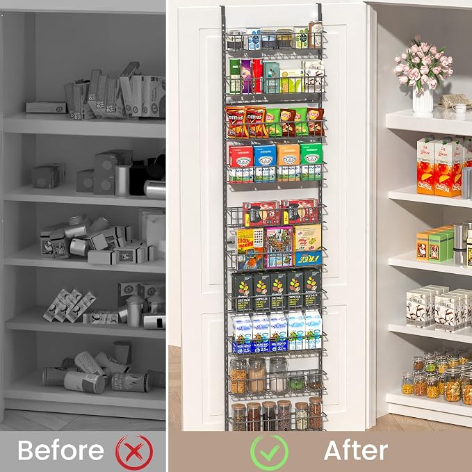 ElegantArray 10-Tier Pantry Door Organizer, Deep Gray | Over The Door Pantry Organizer Rack and Storage, Hanging Spice Rack Shelves Door, Home Office Laundry Room Bathroom & Kitchen