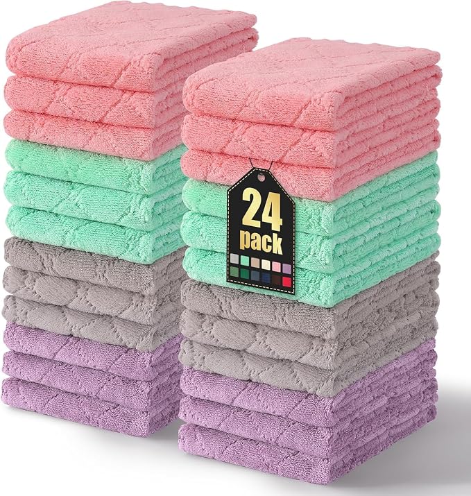 Homaxy 24 Pack Super Soft Absorbent Dish Towels, 10" x 20", Multi Color | Coral Velvet, Nonstick Oil Fast Drying Microfiber Cleaning Cloth, No Lint Dishcloths for washing and drying