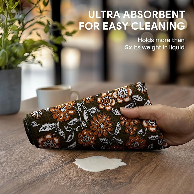 RECYCO Waffle Kitchen Towel Set of 2 - Quick Dry Microfiber Sustainable Dish Towels - Ultra Absorbent Reusable Cleaning Tea Towels - Lightweight Hand Towels,16”x 28”, Amber Flora