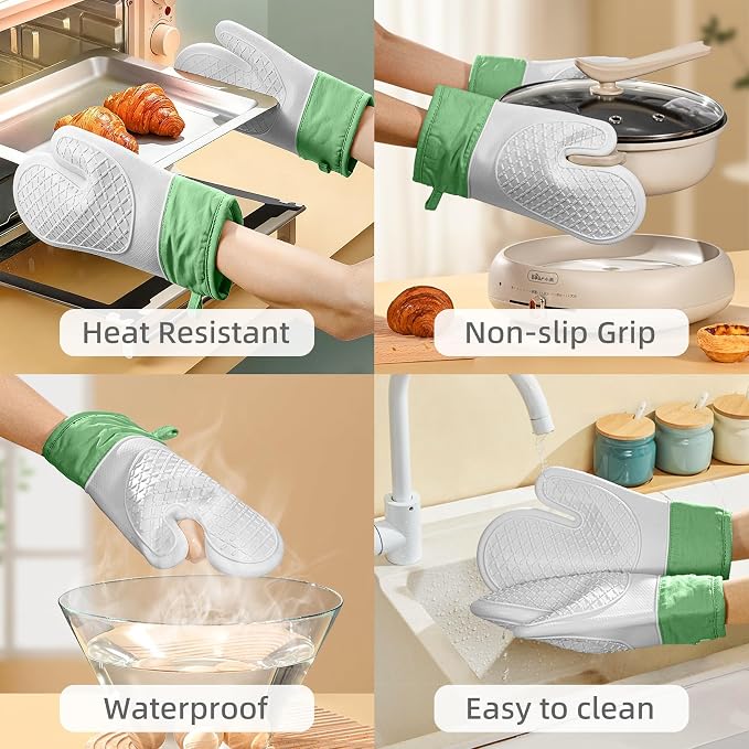 Silicone Oven Mitts，Heat Resistant up to 500°F, Oven Gloves with Soft Lining, Non-Slip Kitchen Essentials, Kitchen Gadgets, Apartment Essentials, Great Gift for Cooking (Grey&green-1pair)