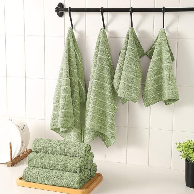 Puomue Microfiber Kitchen Towels and Dishcloths Set, 26 x 18 Inch and 12 x 12 Inch, Set of 12 Bulk Lint Free Dish Towels for Drying Dishes, Olive Green