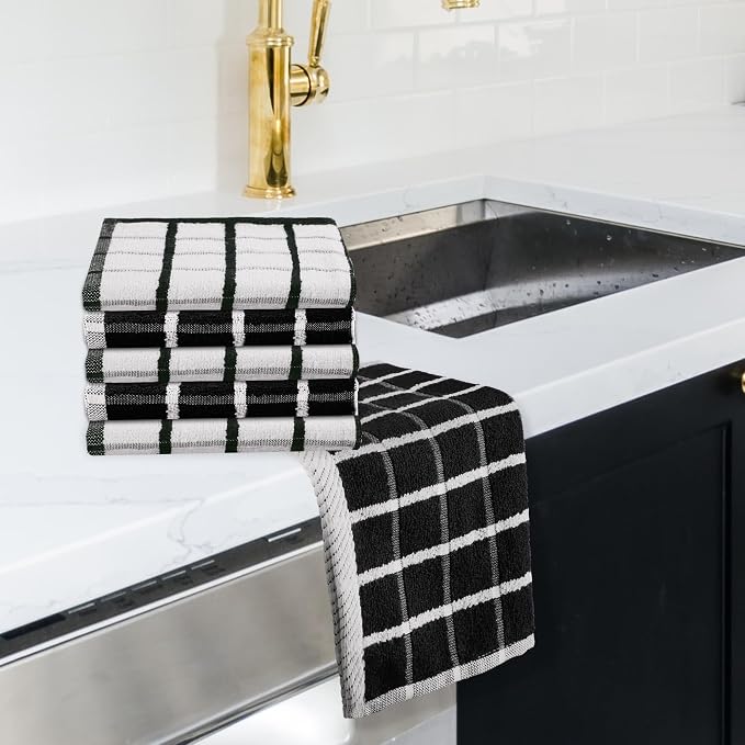 Urban Villa Kitchen Towels Cotton Dish Towels 12”x12” (Set of 6) Black White