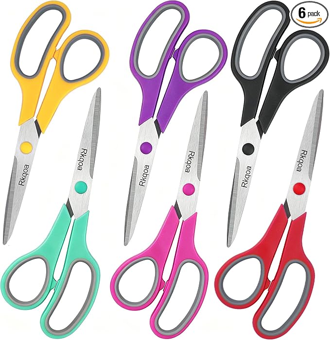 Scissors, 6 Pack 8" All Purpose Comfort-Grip Sharp Shears for Everyday Use | Stainless Steel Scissor for Office School Classroom Craft Sewing Art Supplies, High/Middle Student Teacher, Right/Left Handle