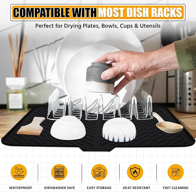 Silicone Dish Drying Mat with Built-in Drain Lip - Hygienic Drying Pad - Sturdy Compact Easy to Clean Tray Protects Surfaces Prevents Water Build Up - 23 X 17 (Black)