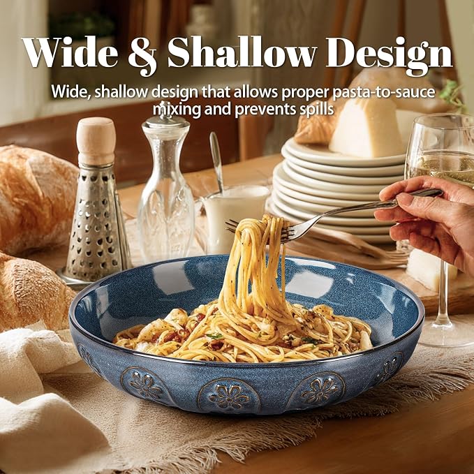 Pasta Bowls, 50oz Large Salad Serving Bowls, 9.75'' Plates Bowls Set of 4, Big Ceramic Soup Bowls for Kitchen, Embossment Shallow Dinner Bowl, Microwave Dishwasher Safe, Pinwheel Flower, Blue