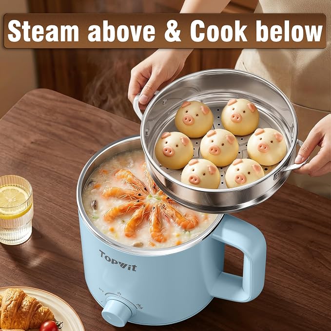 Topwit 1.6L Electric Pot, Stainless Steel Ramen Cooker with Steamer | Dual Power Setting, Cooking for Hot Pot, Pasta, Oatmeal, Soup & Egg, Overheat & Boil-Dry Protection, for Dorm & Office