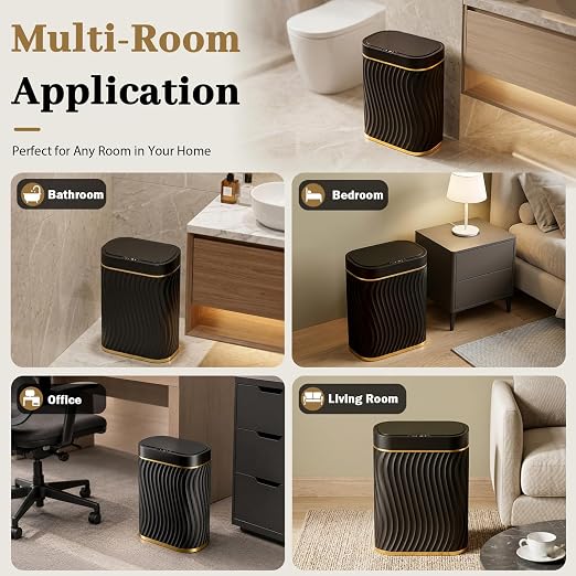 2.6 Gallon Automatic Bathroom Trash Can with Touchless Lid, Black Gold | Motion Sensor Trash Can with Slim Waterproof Body; Small Plastic Garbage Can, hands-free lid for Bedroom, office, and kitchen