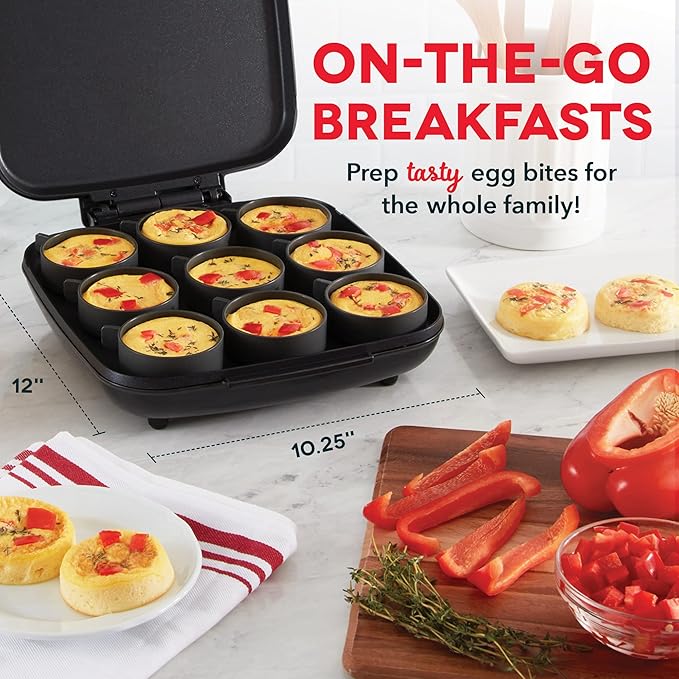 Dash Family Size Egg Bite Maker - Electric Egg Bite Maker with Non-Stick Silicone Cups - Space-Saving Design & Quick Cleanup - Make Sandwiches, Healthy Snacks & Desserts - 9 Servings, Black