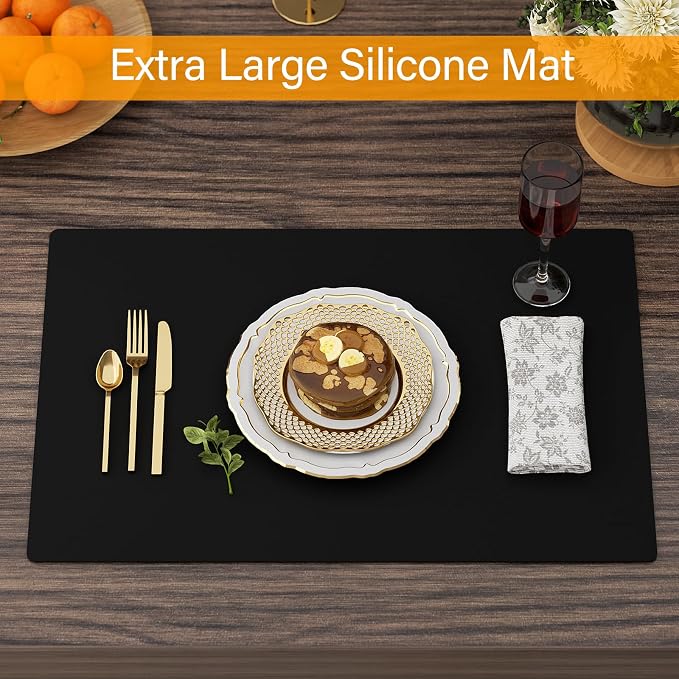 2-Pack Silicone Counter Mats 24”x16”,Black | 1.5mm thick silicone counter protector, heat resistant & non-slip. Works for air fryer, hot pots, pans and coffee maker.
