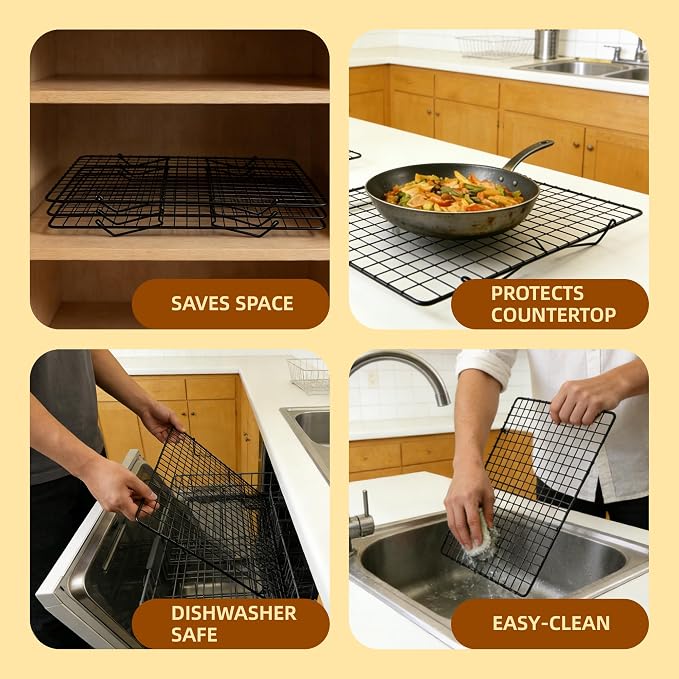 Cooling Rack 16"x10", 5-Tier Stackable & Collapsible Cooling Racks | Cooling Racks for Cooking and Baking, Roasting, Grilling, Oven & Dishwasher Safe (Black, 5-Tier)