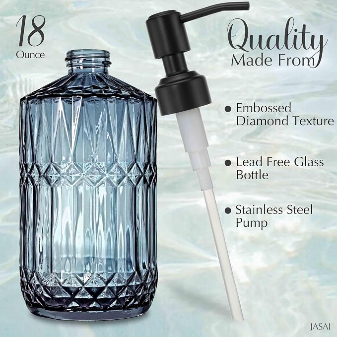 JASAI 18 Oz Blue Soap Dispenser with Black Rust Proof Pump | Refillable Bathroom Soap Dispenser with Thick Glass, Kitchen Soap Dispenser for Hand Soap, Dish Soap, Lotion.(Blue)