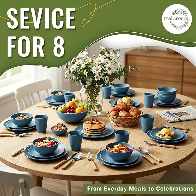 40-Piece Wheat Straw Dinnerware Sets,Unbreakable Dishes Set for 8 - Drinking Cups, Plates and Bowls Sets, Reusable Microwave Safe Dinnerware Set for Home, Outdooor, RVs - Blue