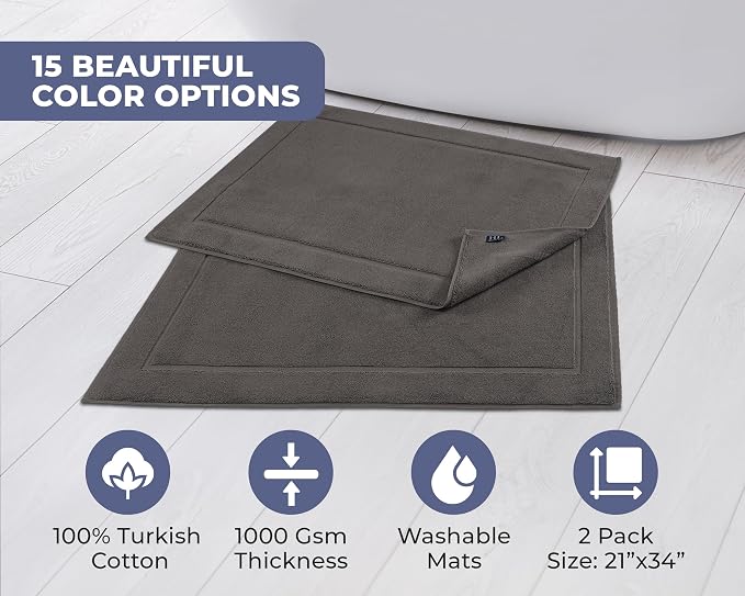 Hawmam Linen Cool Grey Bath Mats, 21 x 34 inches, Pack of 2-100% Ring Spun Cotton,[Not a Bathroom Rug] Banded Design, Highly Absorbent, Machine Washable for Bathroom Floor Towel