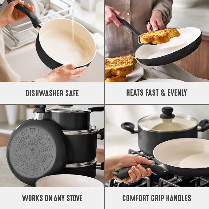GreenLife 16pc Ceramic Nonstick Pots & Pans Cookware Set, Graphite Black | PFAS-Free Nonstick Coating, Stockpot, Frying Pans, Saucepan, Sauté, Induction Ready, All Stovetop Compatible, Dishwasher Safe