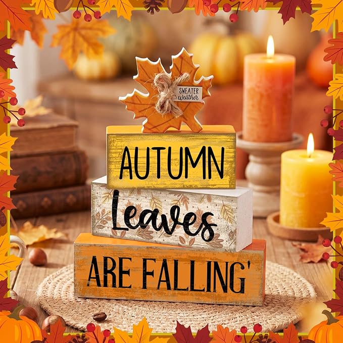 Lineshading 4 Pcs Wooden Fall Block Signs Farmhouse Tabletop Tiered Tray | Rustic Autumn Theme, Stackable Wooden Blocks for Mantel Shelf, Thanksgiving Seasonal Gift, Farmhouse Style Home Accents