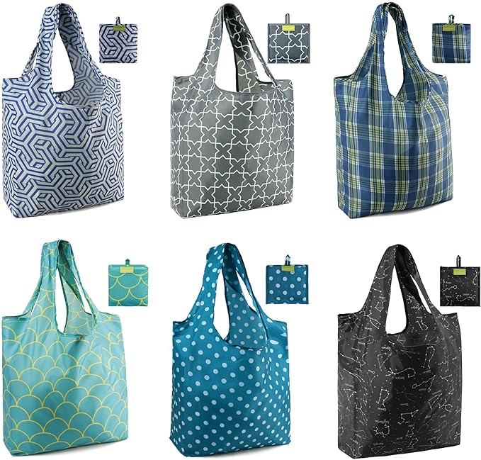 BeeGreen Geometry Reusable Shopping Bags Cute Grocery Bag 6 Pack, Christmas Gift Bags Heavy-Duty Foldable Shopping Totes for Supermarket, Work & Travel, Large Washable Polyester Tote Bag with Handles