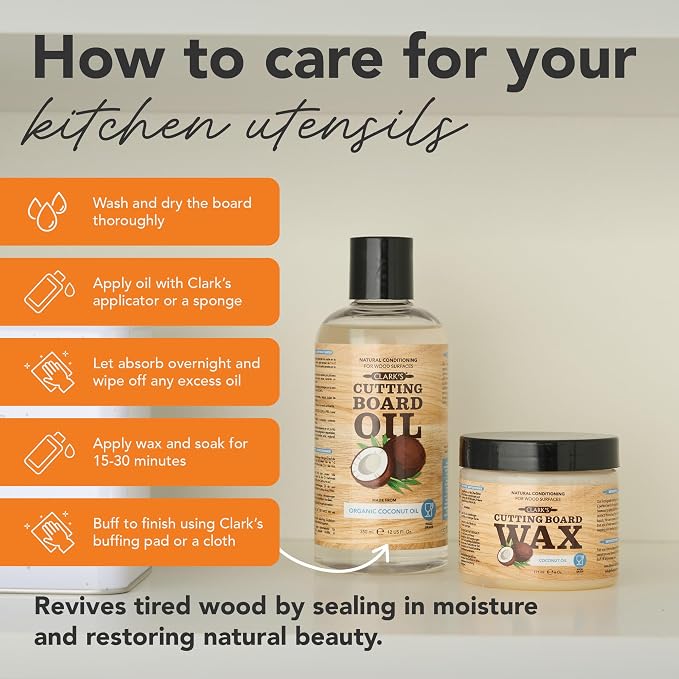 CLARK'S Cutting Board Oil & Wax Kit, Made of Organic Coconut Oil - Set of 2 | Includes Food Grade Mineral Oil, Cutting Board Wax For Cutting Boards, Butcher Blocks & Kitchen Wooden Utensils