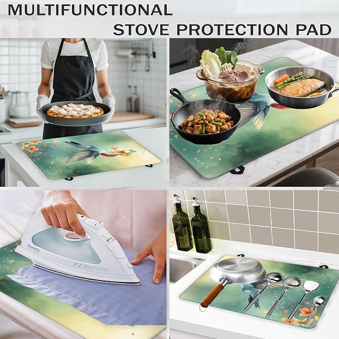 Cute Hummingbird Glass Top Stove Cover Protector,Spring Flower Stove Top Covers for Electric Stove,Washable Heat Resistant Cooktop Mat Anti-Slip Range Covers, 28 x 20 Inch