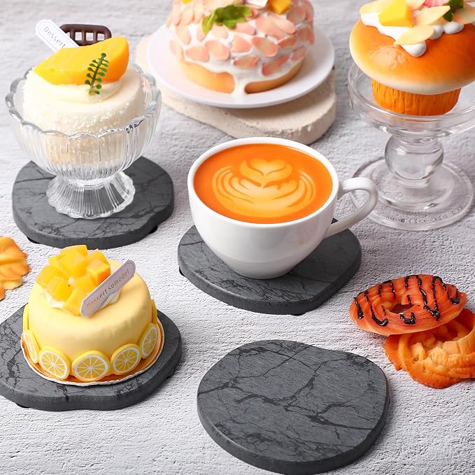Diatomaceous Earth Coasters Set of 4，Cool Absorbent Quick-Dry Drink Coasters for Desks, Cute Modern Stone Design with Stylish White Aesthetic (4, Marble Grey)
